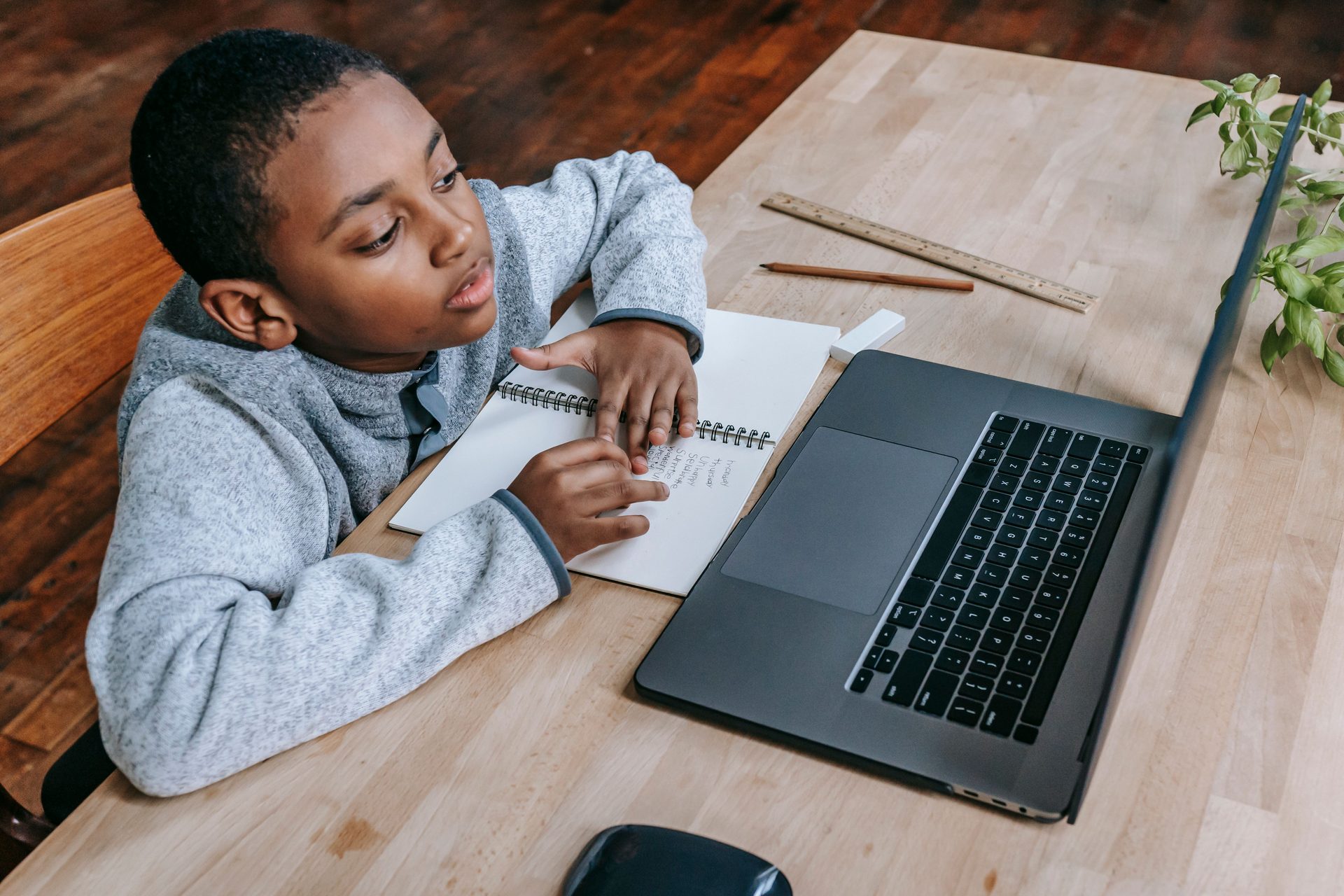 Young boy taking notes in his notebook during an online lesson, ages 4 to 9